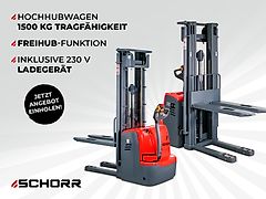 SCHORR Hochhubwagen Elektro Pro 1500kg Tragkraft 4,5m / 5m Hubhöhe Freihub Gabelstapler Elektrostapler Stapler